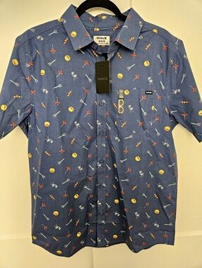 Men's Hurley woven button-down shirt featuring a casual, all-over barbecue theme